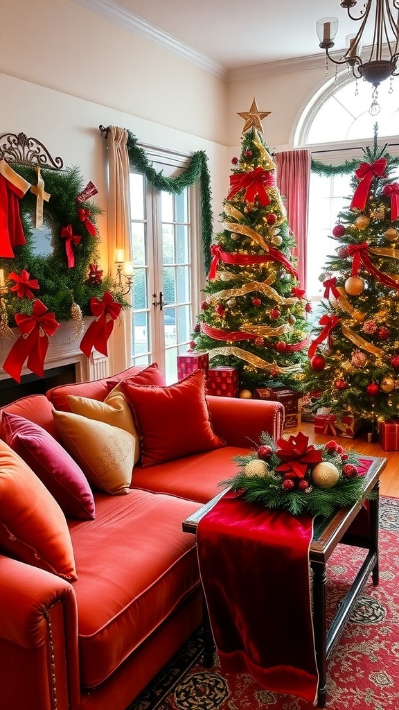 Elegant Velvet Christmas Decor Ideas A cozy Christmas living room with velvet decor, including cushions, table runner, and ornaments.
